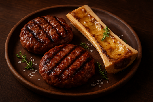 two burgers no buns next to beef bone barrow.